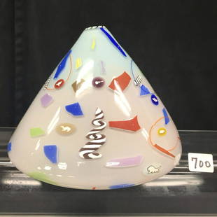 Richard Marquis Noble Effort Vase, Signed: This art glass vase is by listed artisti Richard Marquis and signed Noble Effort and dated 1985. It is cone shaped with a frosted glass background and bright colored pieces of squiggles and shapes. It