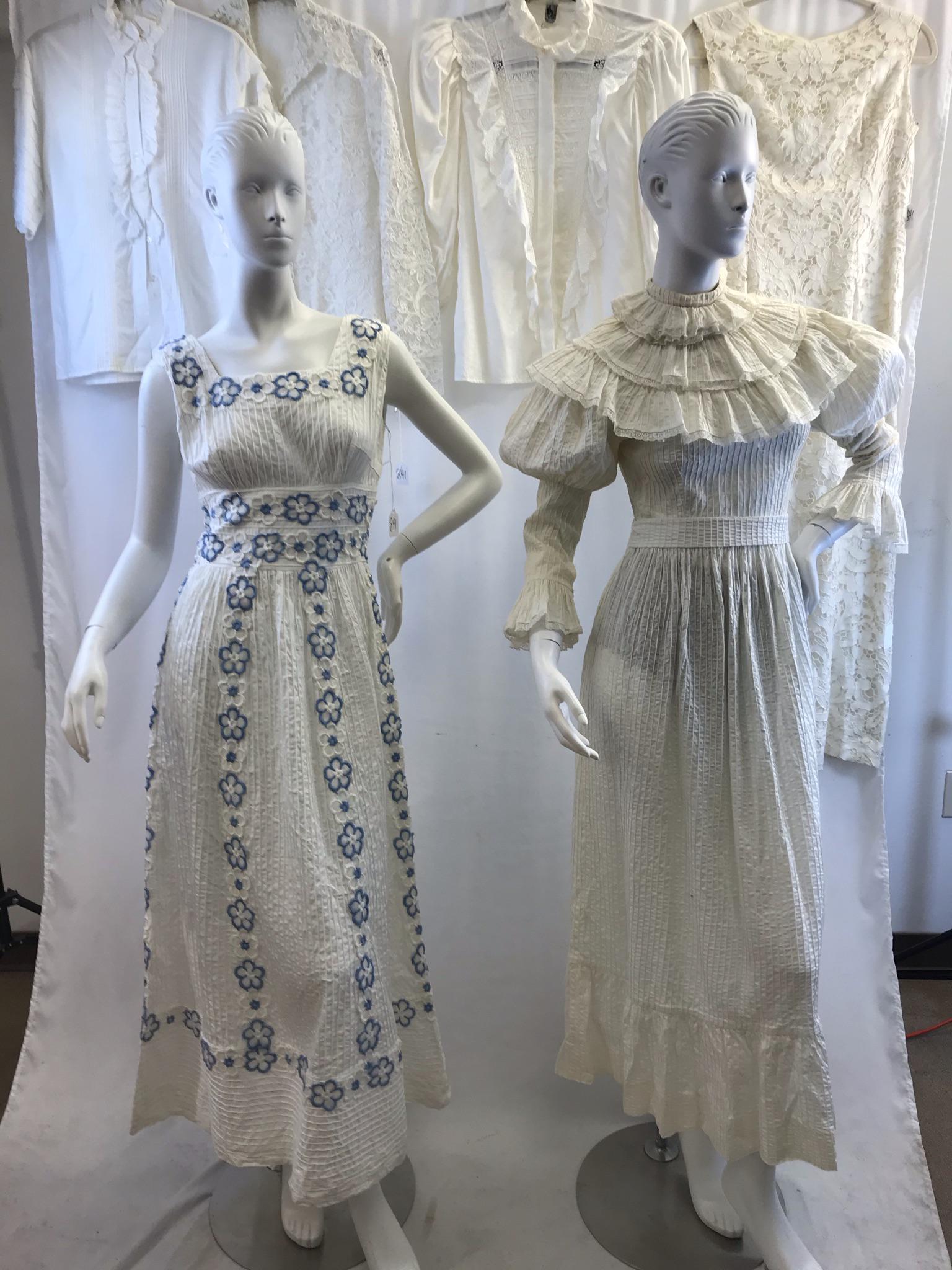 Group of 60's/70's Fancy Dresses/ Tops: This group of late 1960's and early 70's lace ladies garments include a white cotton and heavily floral embroidered sleeveless fitted dress, a white cotton prairie dress with ruffled sleeves, and 3 la