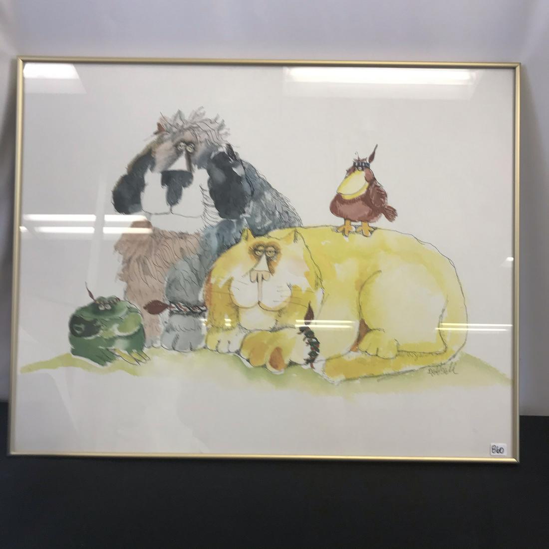 Don Nedobeck Print c. 1970's: This quality framed print is by listed Wisconsin artist Don Nedobeck and depicts a charicature style painting of animals to include a large yellow cat with a hippie bracelet with a feather on its paw,