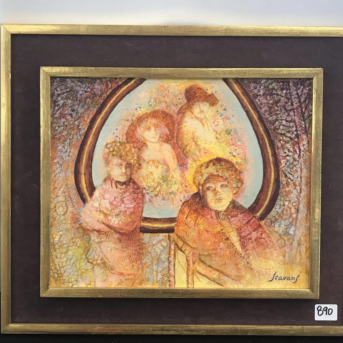 Isaac Stavans Oil on Masonite, 20th C.: This late 20th Century quality framed oil on masonite is by listed Mexican Painter Isaac Stavans(1931-2015). Done in and Imressionistic style, it depicts an old woman in the forground with a man right