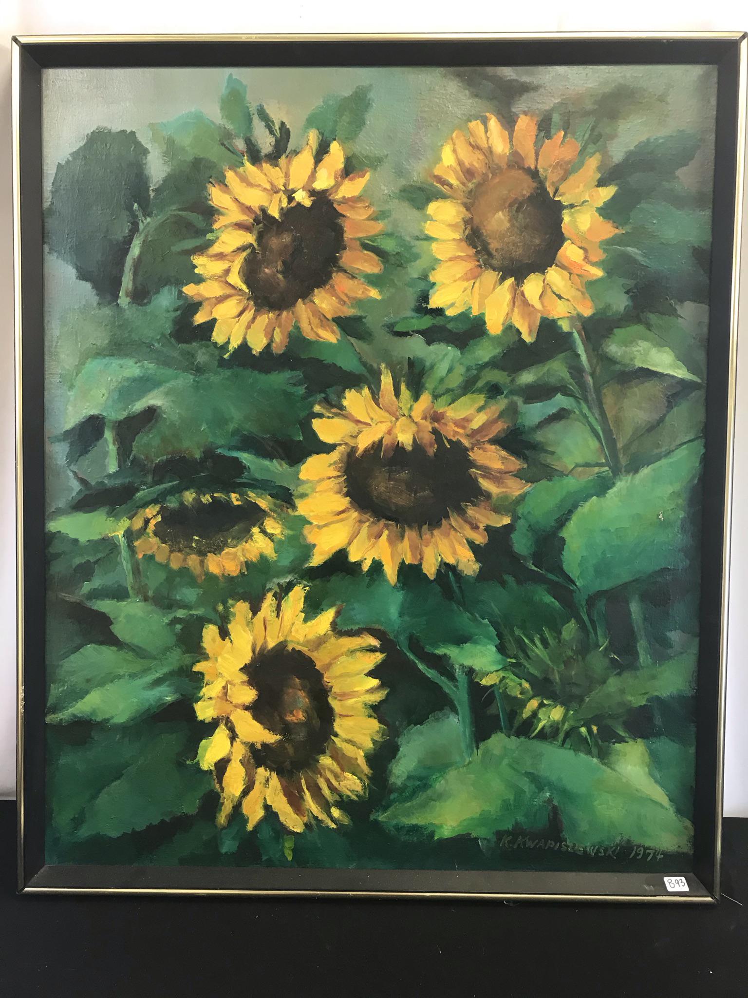 1974 Oil on Canvas by K. Kwapiszewski: This quality framed oil on cnavas is signed K. Kwapiszewski and dated 1974. it depicts a grove of sunflowers. It measures 35" tall X 29.5" across.