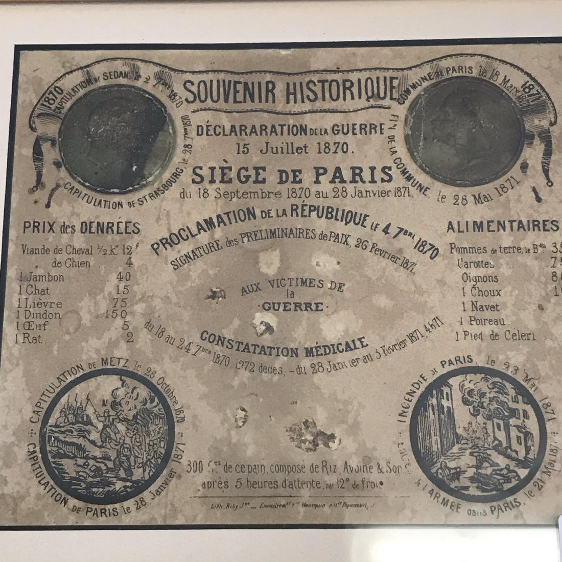 WWl French Food Ration Card: This quality framed original WWL French food rationing card lists rationed meats and how many points each type of meat that was rationed to include ham, horse, rabbit, dog, cat and rat meat. The card 