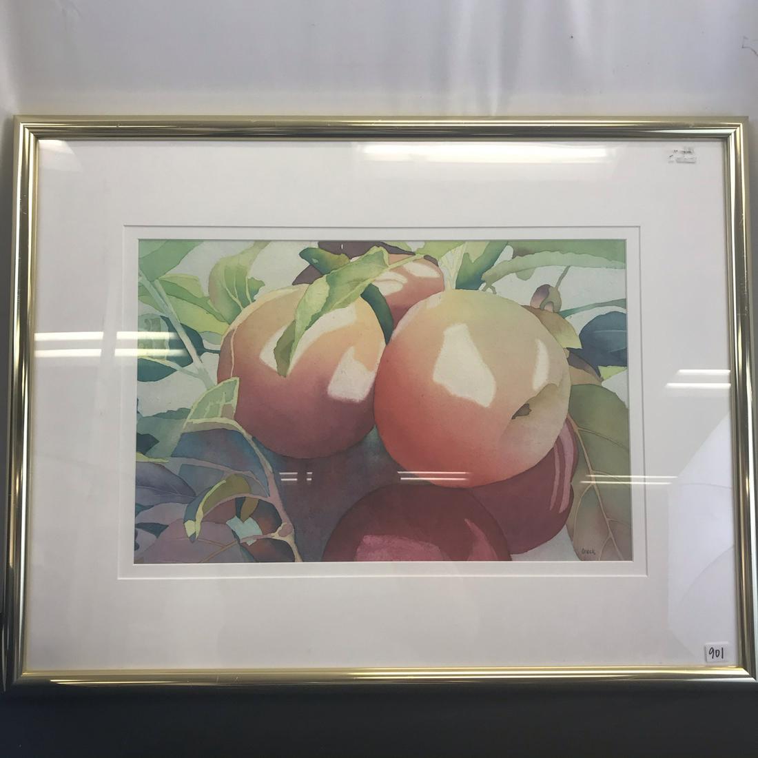 Kaaren Oreck Watercolor Still Life: This quality framed watercolor still life is by listed, award winning Madison Wisconsin artist Kaaren Oreck. It depicts a group of apples and is titled " Take a Bite Eve's Delight". It measures 22" ta