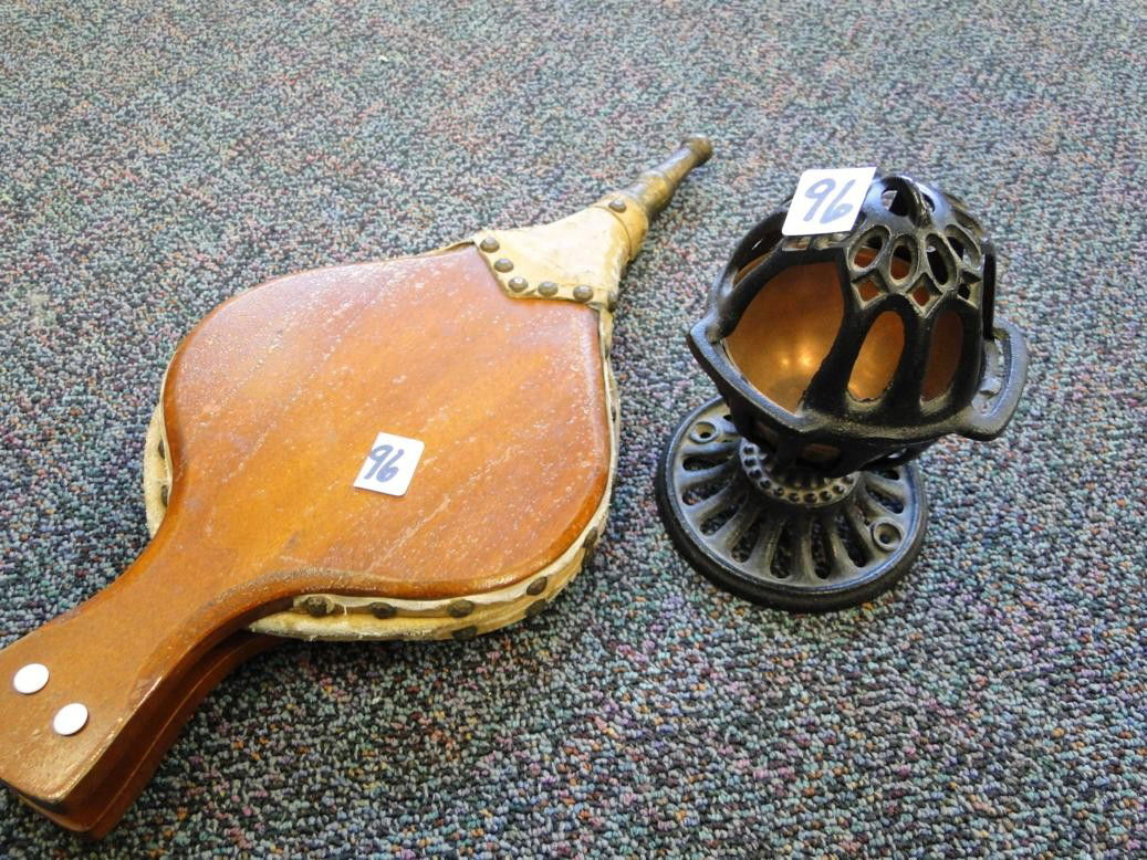 Iron string holder and fireplace bellows: Iron string holder and fireplace bellows