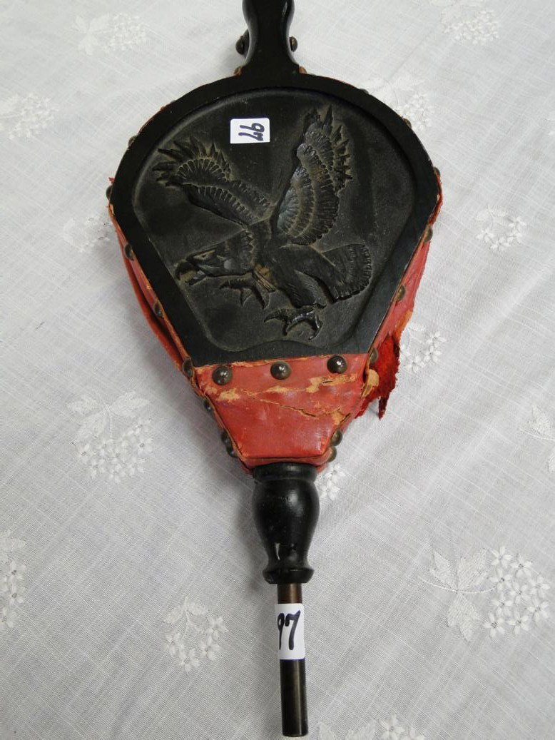 Antique hand carved fireplace bellows depicting an: Antique hand carved fireplace bellows depicting an eagle