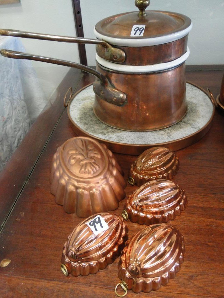 Copper double boiler, a copper trimmed confectionar: Copper double boiler, a copper trimmed confectionary board, and copper molds