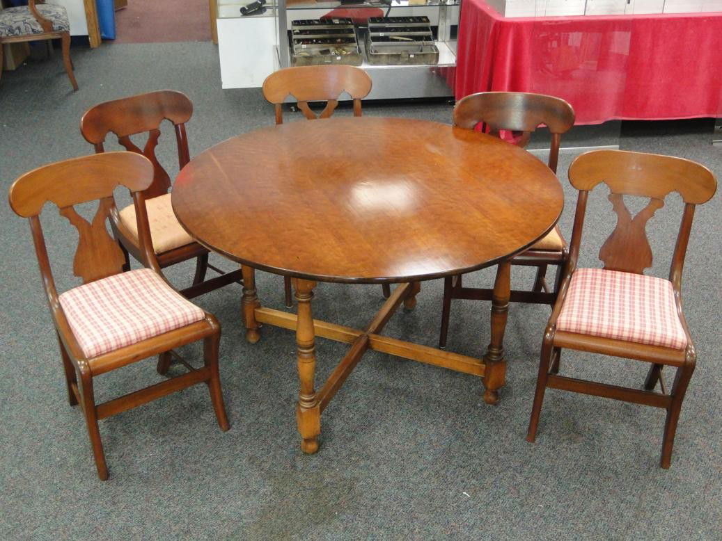 Round cherry dinning table alone with 5 anitque ch: Round cherry dinning table alone with 5 anitque cherry empire chairs 1840/1850 with upholstered seats