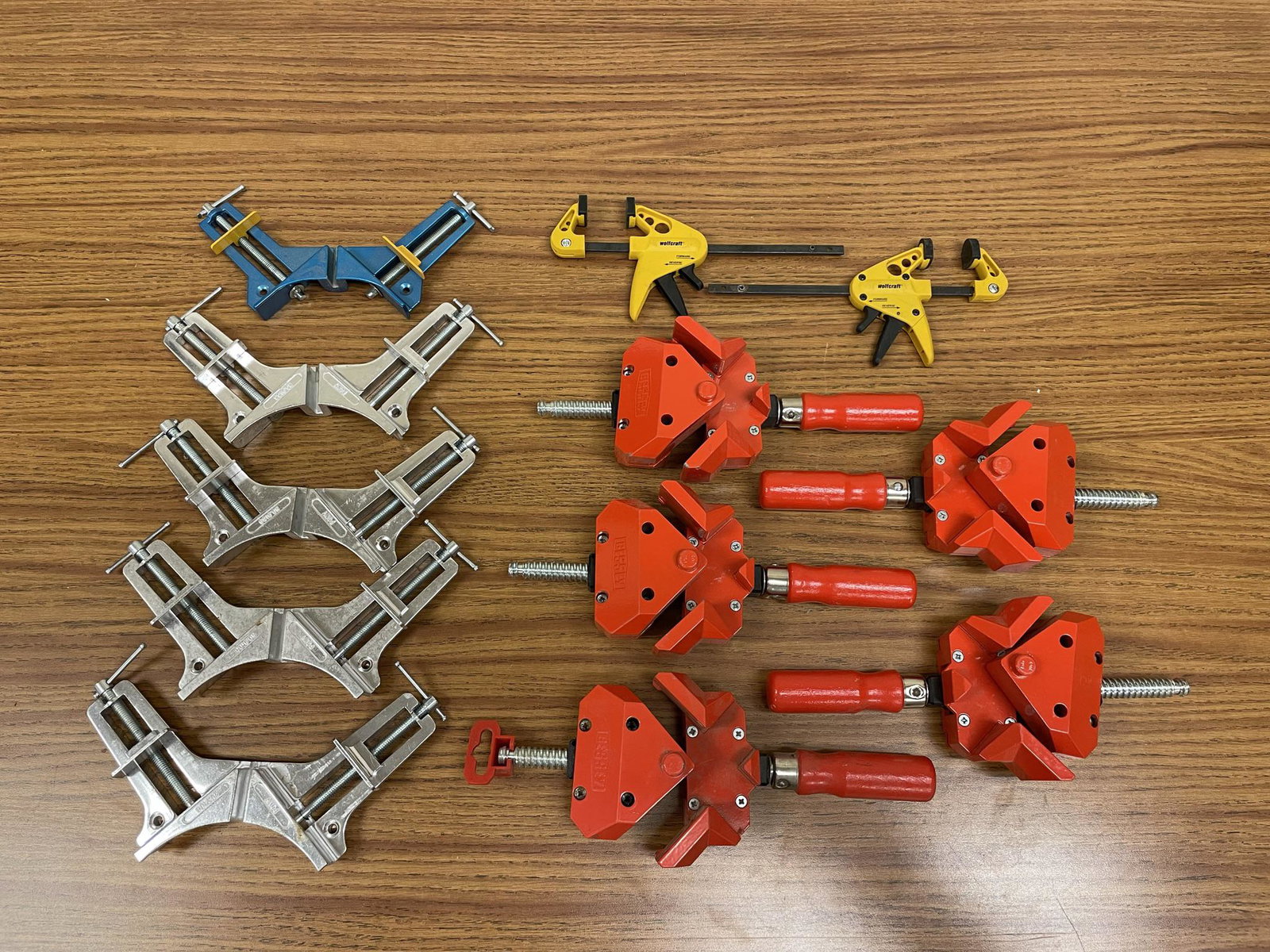 Lot of 12 clamps to include 5 Bessey corner clamps, 2 wolfcraft bar clamps, 4 Pony Corner Clamps and (1 of 3)