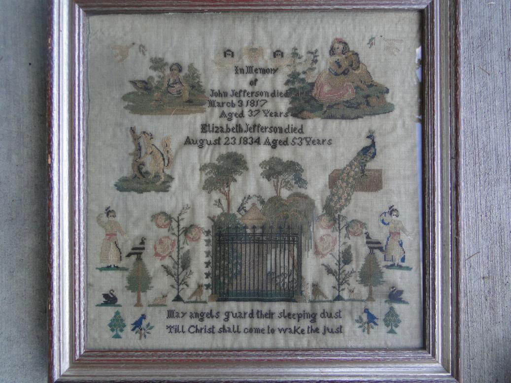 An absolutely stunning American Folk Art Memorial s: An absolutely stunning American Folk Art Memorial sampler done August 23rd 1834 with pictures of children, birds, and flowers along with verse that reads "May angels guard their sleeping dust til Chri