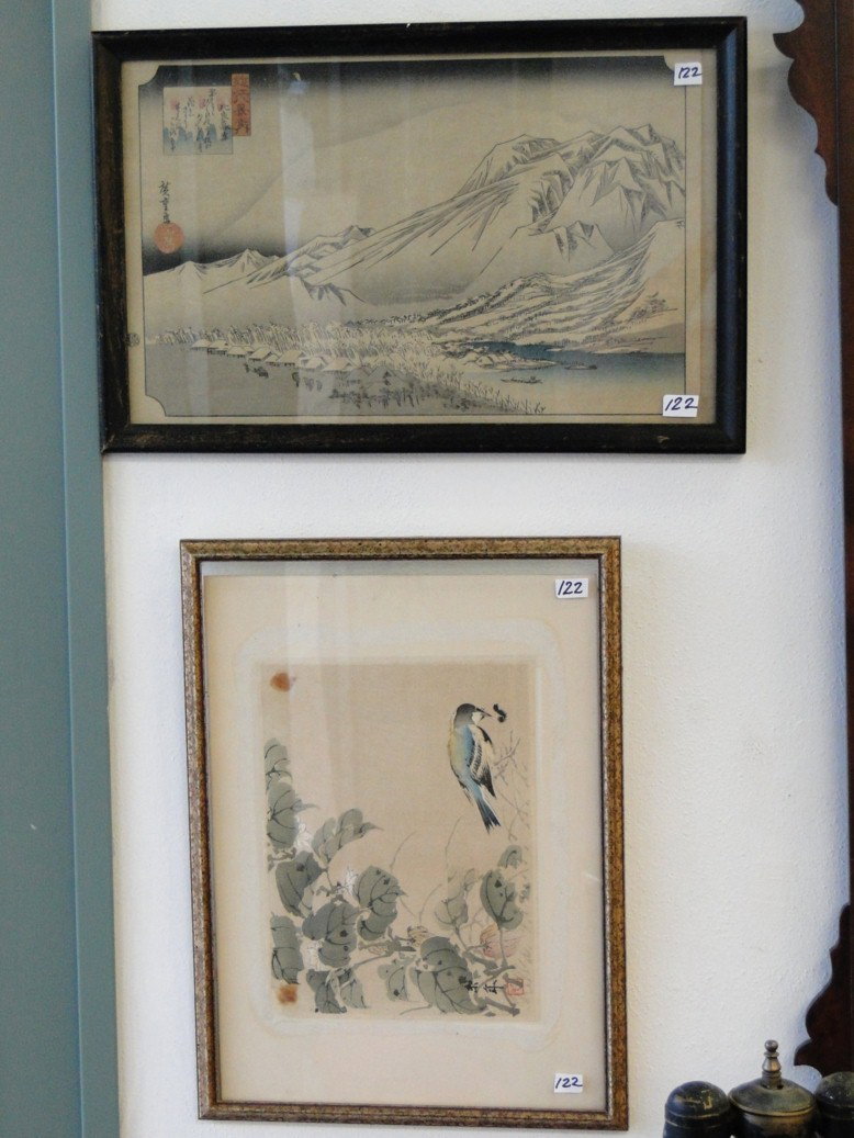 Two oriental watercolors: one depicting a bird, ar: Two oriental watercolors: one depicting a bird, artist signed -and the other depicting a mountain artist signed in good condition. Est. value $150-250