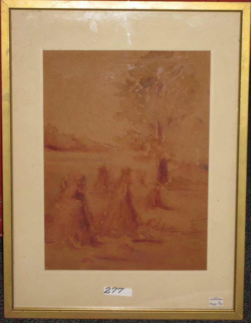A watercolor by Watucoln depicting hay stacks in a: A watercolor by Watucoln depicting hay stacks in a farm field. This Watercolor is quality framed and matted This Measures 16.5x12.5 (Framed) Est. Value $58-75