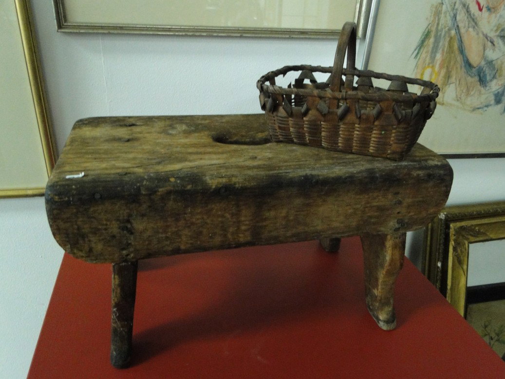 Folk art footstool along with a Wisconsin Indian b: Folk art footstool along with a Wisconsin Indian basket, damage noted to basket. Est. value $75-85.