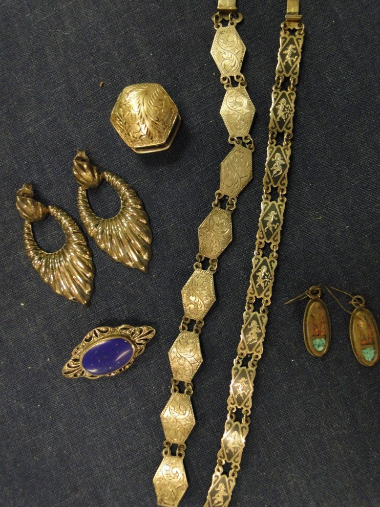 Tray lot of sterling items including lapis brooch,: Tray lot of sterling items including lapis brooch, bright cut link bracelet and pill box, other earrings and bracelet. Weighs 162 grams.