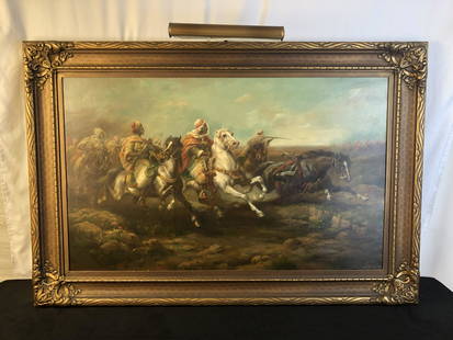 Gustav Hensel Signed Oil Painting of Men on Horseback: A signed Gustav Adolf Hensel (1874-1953) oil painting of Arabian men on horseback being pursued by British troops in a rugged landscape. This extremely well executed oil painting is signed D. Hensel