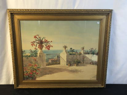 Charles King Wood 1913 Watercolor: This quality framed 1913 watercolor is by noted lanscape and coastal painter Charles King Wood (1869-1942). Wood was a New Jersey born artist that spent much time in Europe. It depicts a floral terrac