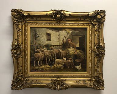 Emile Charlier Oil on Canvas of Woman and Sheep: An Emile Charlier (b.1862) signed oil painting on canvas depicting a woman with sheep in a barn. Active in Belgium, Charlier was known for his sheep paintings. It is in its original elaborate gilded p