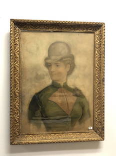 Victorian Gouache Woman in Riding Habit: An 1880s framed painting on paper of a woman in riding habit. This period framed piece measures 23.5" tall X 18" across.