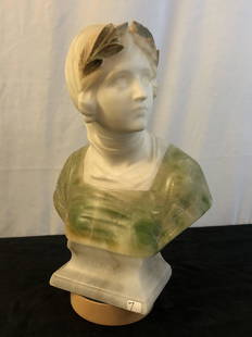 Marble Bust of Alba Di Pace: A two tone 1890s marble bust of Alba Di Pace. Bust is signed by Professor Giuseppe Bessi (Italian 1857 - 1922) on back. It measures 14" tall X 10" across.