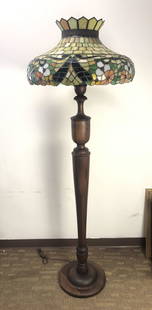 1900s Floor Standing Lamp with Leaded Glass Shade: An early 1900s bulbous floor standing lamp with a floral geometric leaded glass lamp. This impressive lamp measures 73" tall X 24" across.