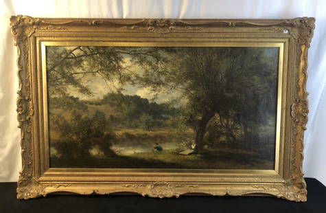 Jean T. Tuite 1800's Lanscape oil on Canvas: This outstanding mid 1800's oil on canvas is by noted French landscape artist Jean Thomas Tuite (1800-1879).In an ornate gilded frame, it depicts a bucolic forest lanscape with a lady under a tree, a