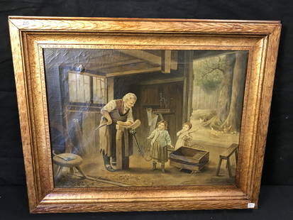 Victorian Painting of Woodworker: A Victorian painting depicting a woodworker repairing a wagon wheel for 2 little girls. This piece measures 31" across X 25" tall.