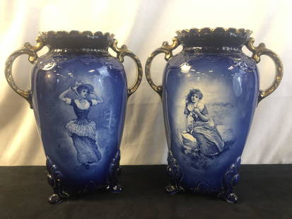 Pair of English Flow Blue Vases: A pair of 1880s English portrait vases in flow blue with gold accent. They are marked S.F. & Co. England and figures are exquistiely hand painted. These vases each measure 12" tall X 10" across.