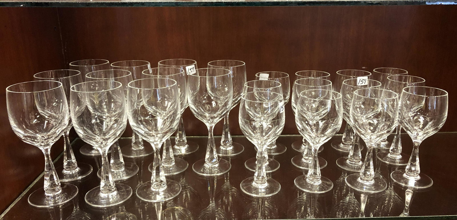 Set of Spode Leaded Crystal Water Goblets: A set of Spode leaded crystal stemware in the "Sonota" pattern to include 11 water goblets and 12 wine glasses. Water goblets are 7" tall, wine glasses are 6.25" tall.