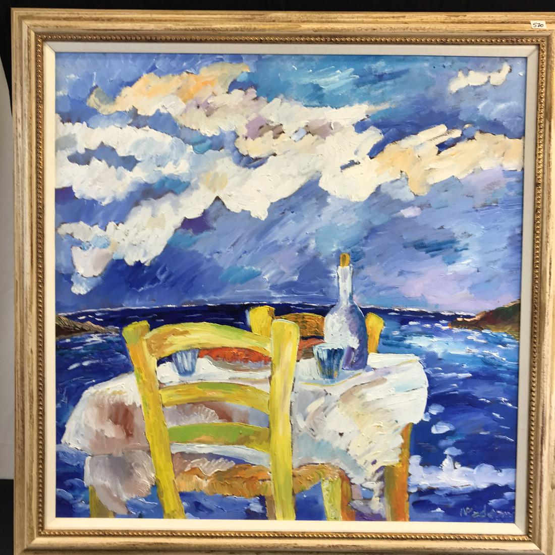 Signed 20th Century Neo-Impressionist Oil on Canvas: This signed 20th century Neo-Imprfessionist oil on canvas depicts a table on a sea shore with thick impasto clouds overhead. It is signed in the lower right hand corner and measures 35" Square.