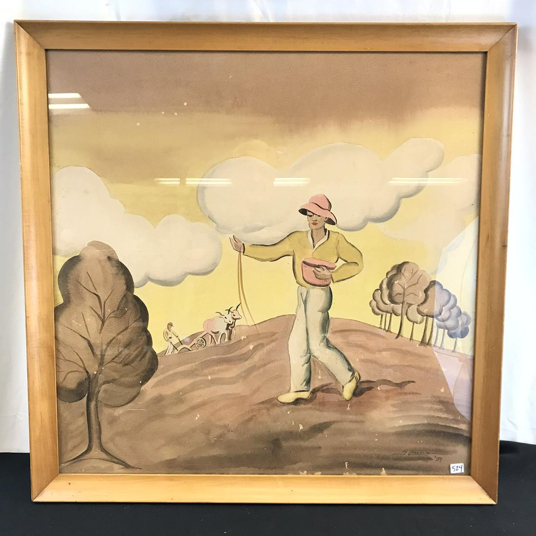 S. Coughlin 1939 WPA Watercolor: This WPA watercolor is signed S. Coughlin and dated 1939. It is in its original frame. It depicts a young man of color sowing his fields with another man and two oxen ploughing in the background, with
