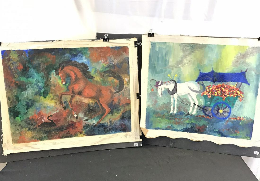 2 Raymond Redell WPA oil on Canvas, Unstretched: This two WPA era unstretched oil on canvases are by WPA mural Wisconsin artist Raymond Redell (1913-1978). One depicts a horse encountering a snake (22.5" tall X 28" across), and is signed in the arti