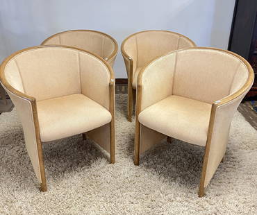 4 Brayton International Modern Chenille Upholstered Chairs: These 4 matching Post Modern armchairs have wood legs and trim and cream colored chenille upholstery. They each measure 32" tallX 29" across X 24" deep. They are by Brayton International and are known