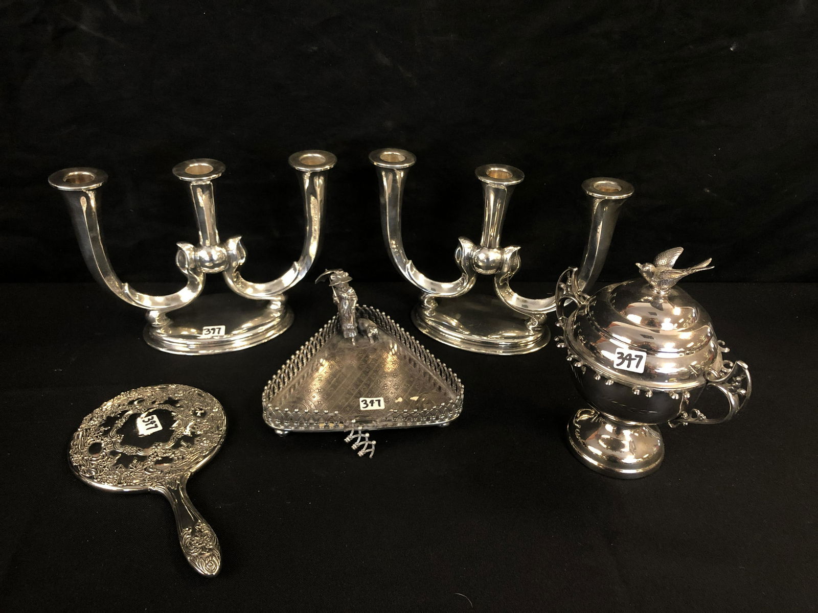 Silver Plate Candlesticks, Sugar Bowl, Card Catcher, and Mirror (1 of 6)