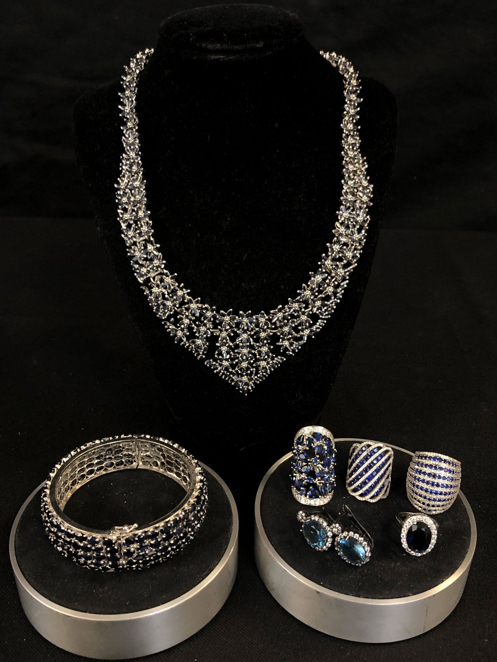 Sterling Blue Stone Necklace, 4 Rings, Earrings, Bracelet (1 of 6)