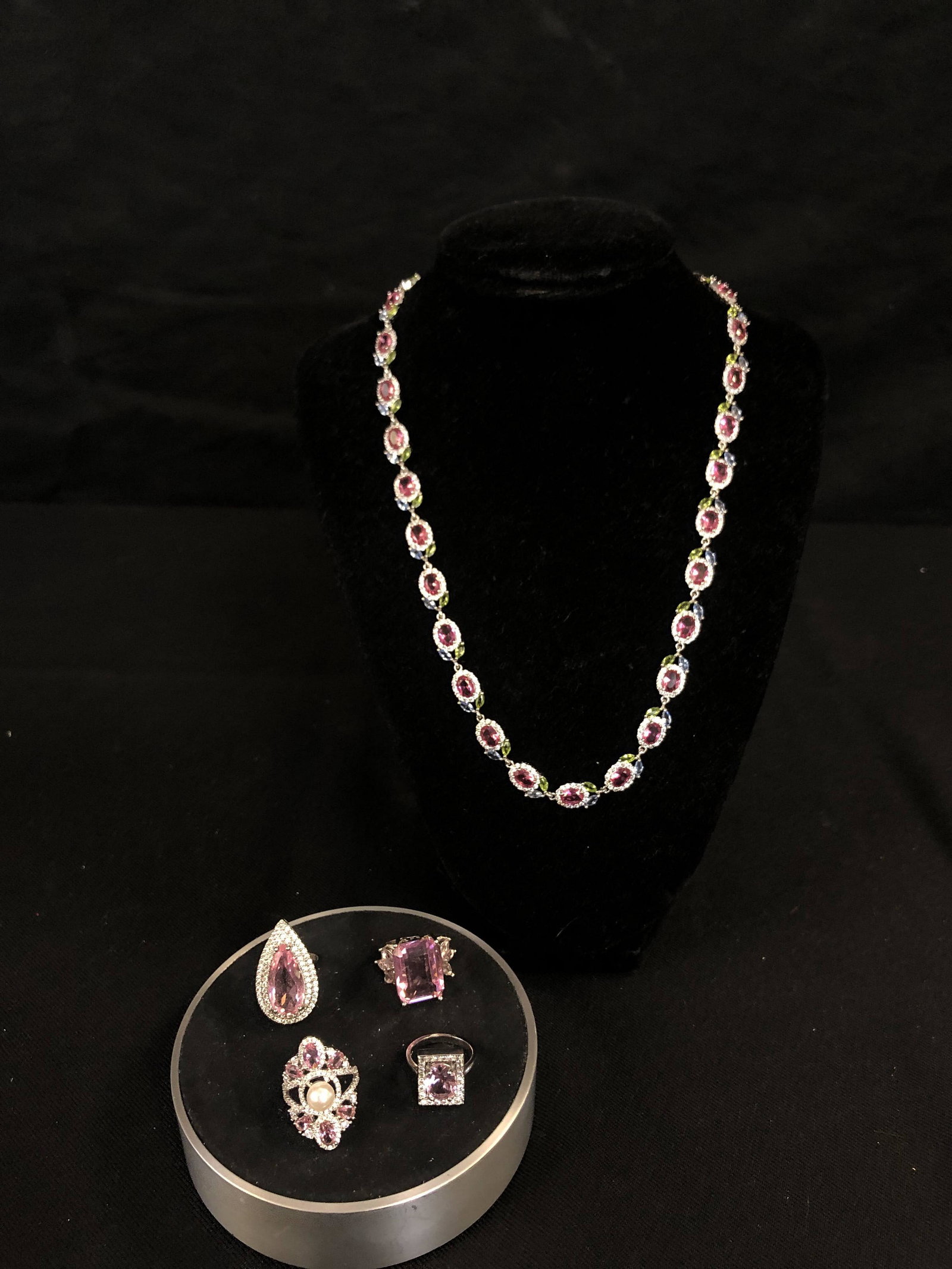 Sterling Pink Stone Necklace & 4 Pink Stone Rings (1 of 5)