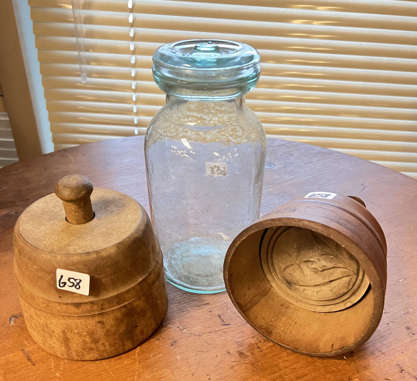 Two Early Butter Presses & Flint Glass Covered Candy Jar (1 of 5)