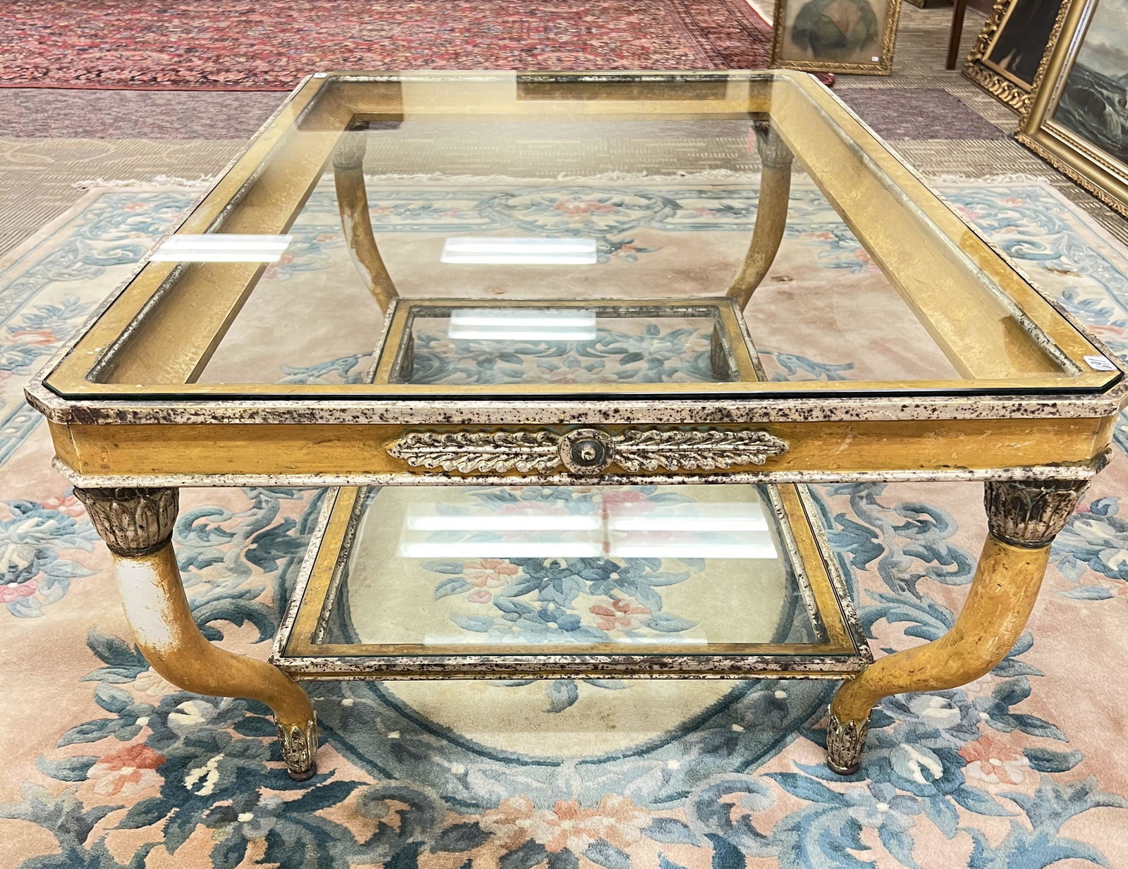 Regency-Style Coffee Table with Glass Top and bottom shelf (1 of 7)