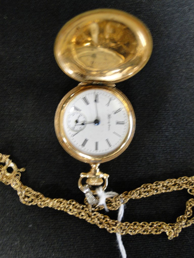14l Gold ladies pocket watch dated 1909 by Hampden : 14l Gold ladies pocket watch dated 1909 by Hampden with Molly Stark Works Canton OH on a gold chain