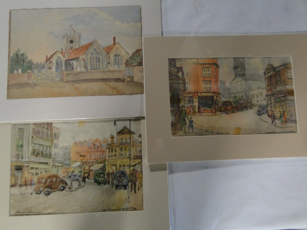 Three original water colors signed by Stuart Sutton: Three original water colors signed by Stuart Sutton depicting London street scenes and one depicting a church; 14"Hx18"W matted
