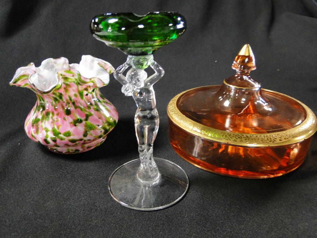 Group of three turn of the century glassware to in: Group of three turn of the century glassware to include-cambridge glass nude stemmed ashtray stand, pink depression acid cut back covered divided candy dish, multi-colored ruffled edge end of day art 