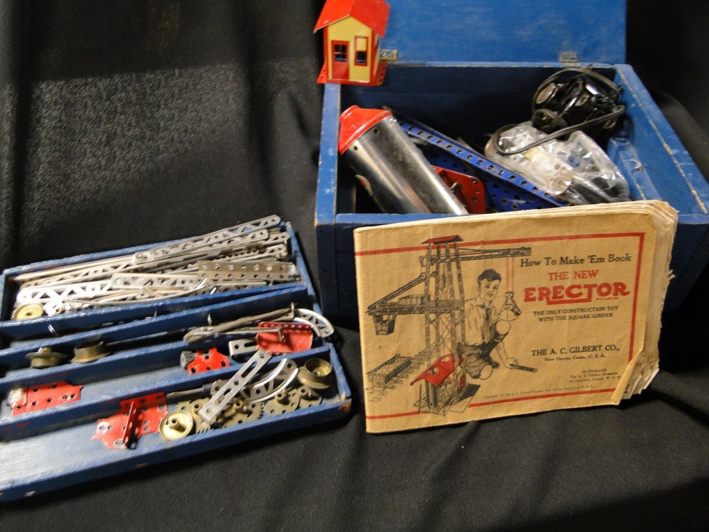 Huge erector set in a wooden box with gears, wheel: Huge erector set in a wooden box with gears, wheels, engines, and more