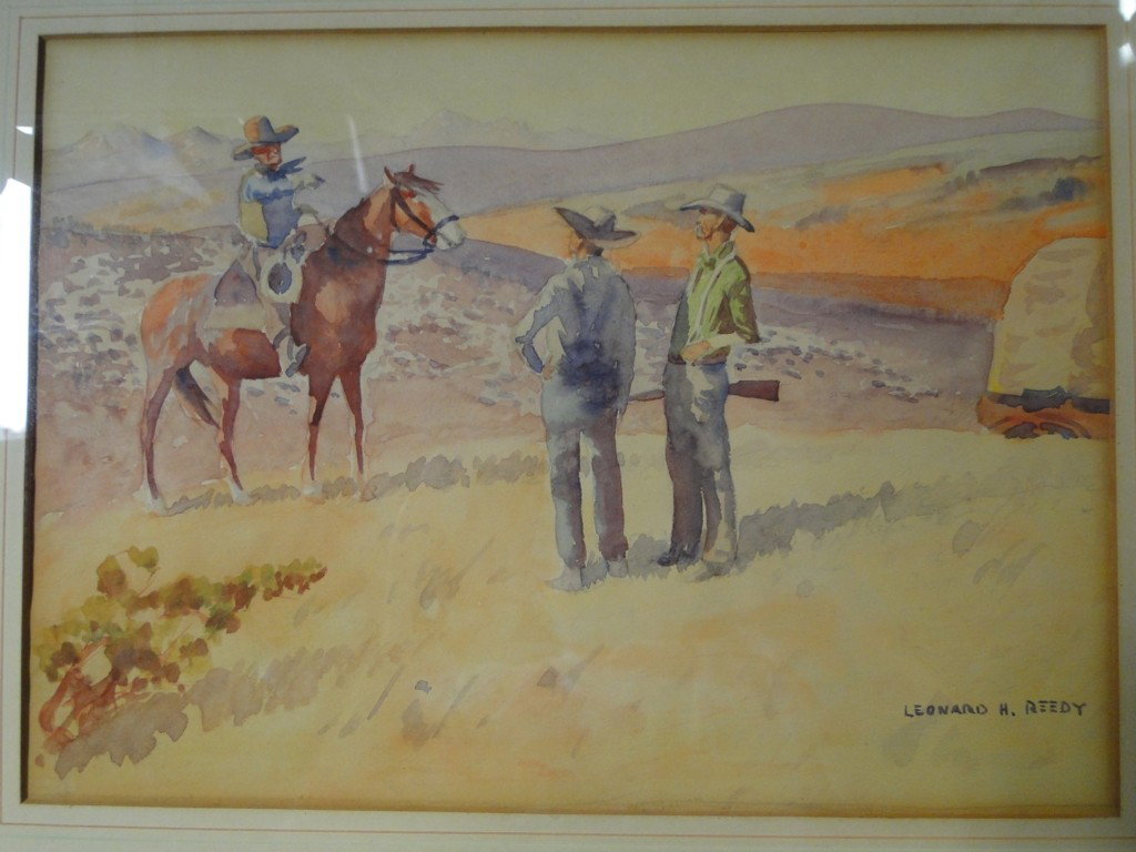 Original watercolor by listed Western artist Leona: Original watercolor by listed Western artist Leonard H. Reedy entitled Cattle Man and Sheep Man, 18-1/2" x 15-1/2" framed