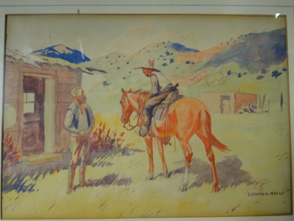 Original watercolor by listed Western artist Leona: Original watercolor by listed Western artist Leonard H. Reedy entitled A Friendly -? from The Beard Art Galleries Minneapolis, 18-1/2" x 15-1/2" framed