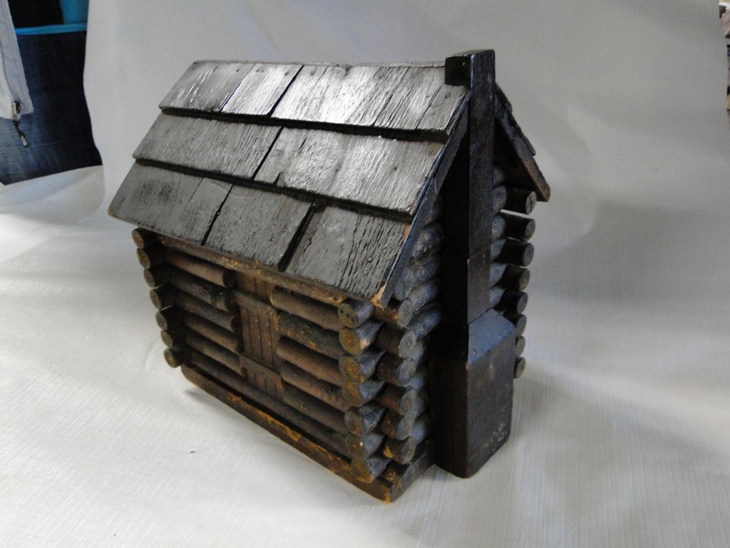 Folk art hand made log cabin humidor or storage bo: Folk art hand made log cabin humidor or storage box; 11" T X 11 1/2 L X 9" W