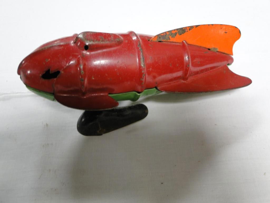 1920's key wind friction toy spaceship Buck Rogers: 1920's key wind friction toy spaceship Buck Rogers style, pressed steel; 6 1/2"L
