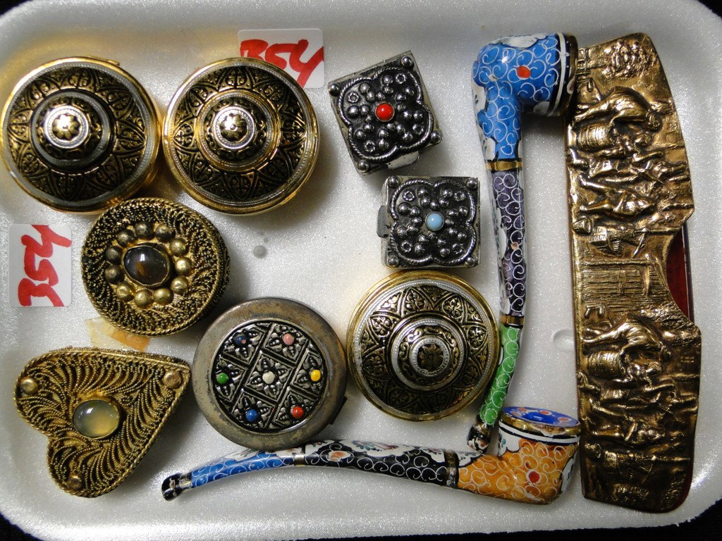 Tray lot of pill boxes, pipes and more: Tray lot of pill boxes, pipes and more
