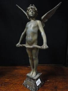 Outstanding Victorian winged cupid on marble base: Outstanding Victorian winged cupid on marble base after Vici Par Aug Moreau