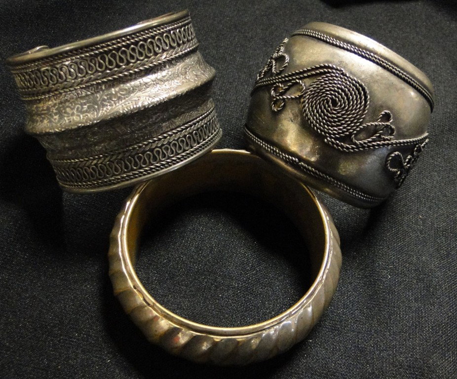 Three Middle Eastern bracelets, 2 possibly Sterlin: Three Middle Eastern bracelets, 2 possibly Sterling silver