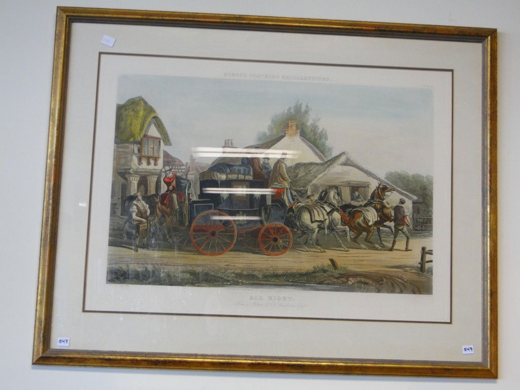 Large coaching print, engraved by J. Harris, title: Large coaching print, engraved by J. Harris, titled All Right from a picture by C. C. Henderson, Esq. quality framed and matted