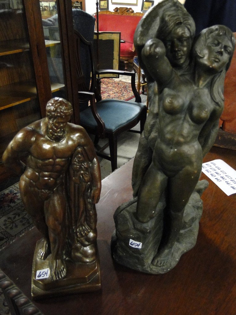 Plaster statue of nude man and plaster statue of n: Plaster statue of nude man and plaster statue of nude man and woman