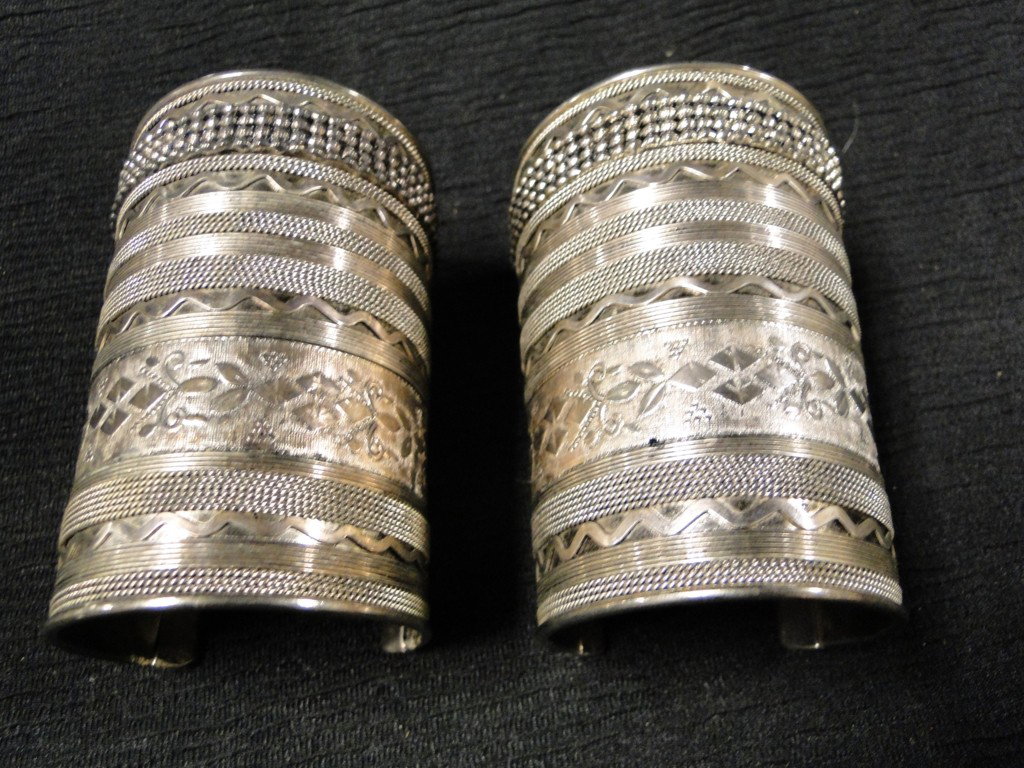 Pair of Middle Eastern cuff bracelets possibly ste: Pair of Middle Eastern cuff bracelets possibly sterling